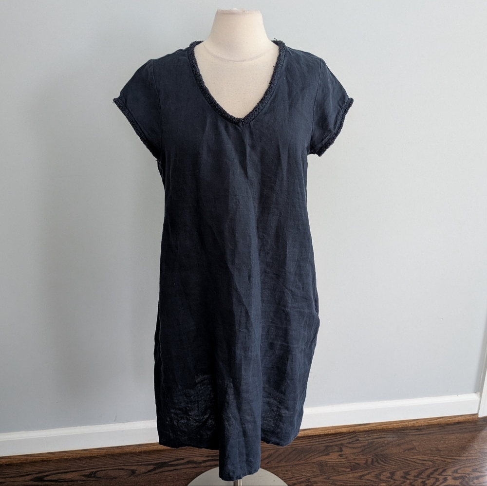 Women's FOIL 100% Linen Navy Blue Shift Dress UK Brand 12 - Picture 2 of 9
